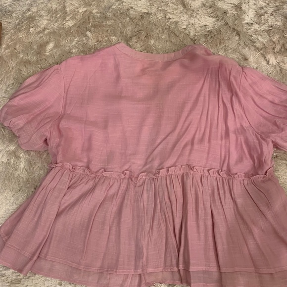 Pretty pink top, L, empire waist, ruffle and open work trim details. 23” long. - Picture 2 of 8